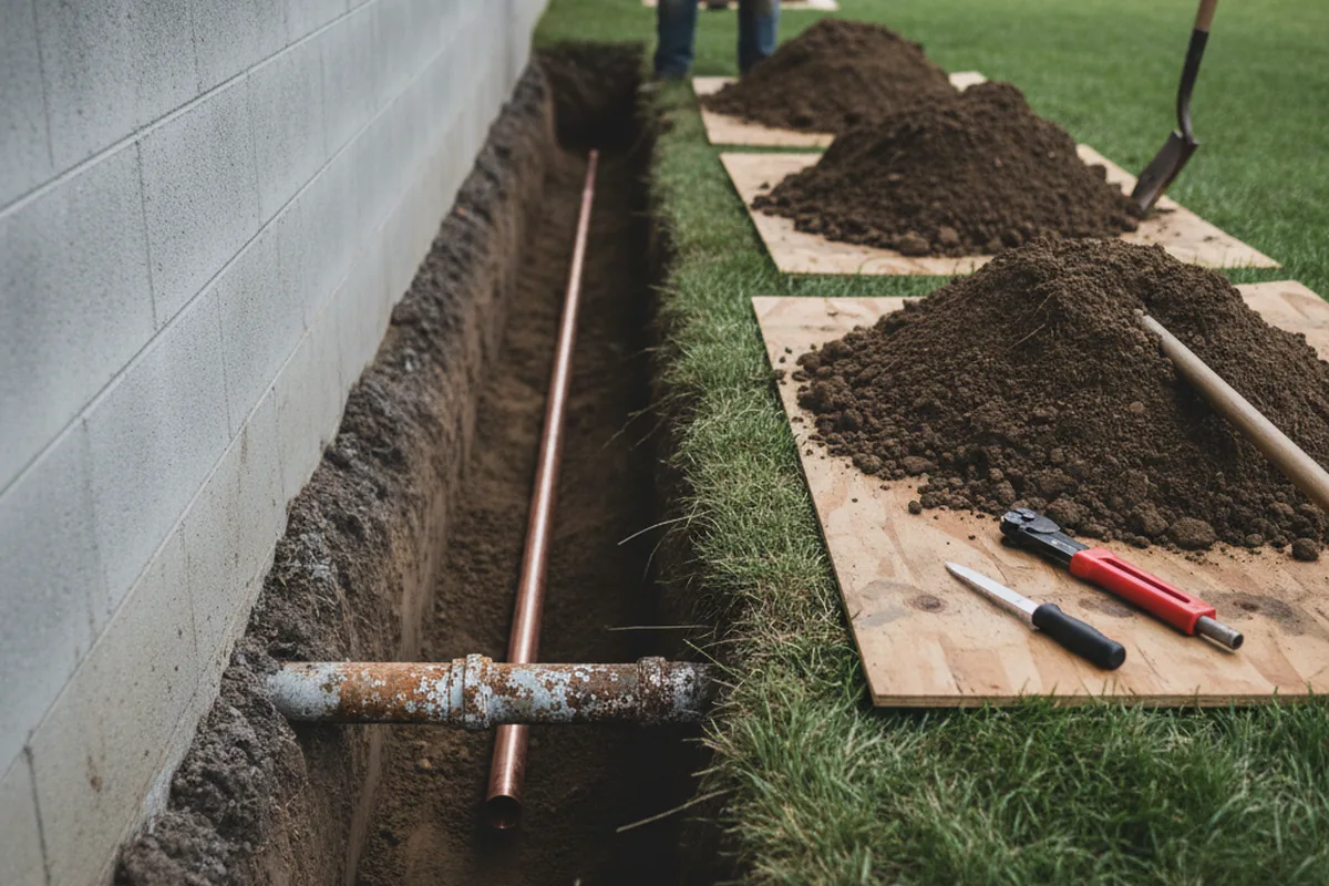 Excavated water line trench during Sewer Line Repair in Ore City